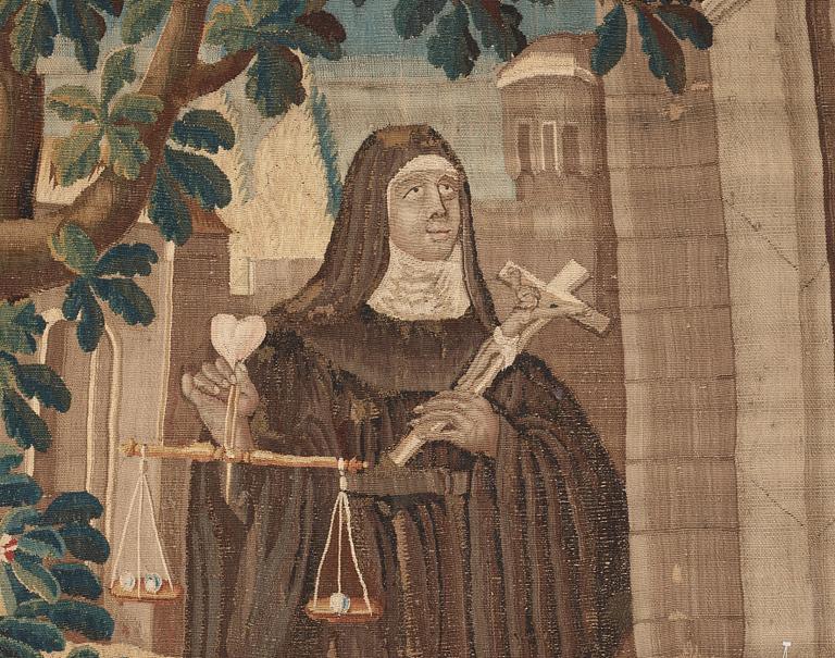 TAPESTRY. A nun in a landscape. 244,5 x 232,5 cm. Flanders around 1700.