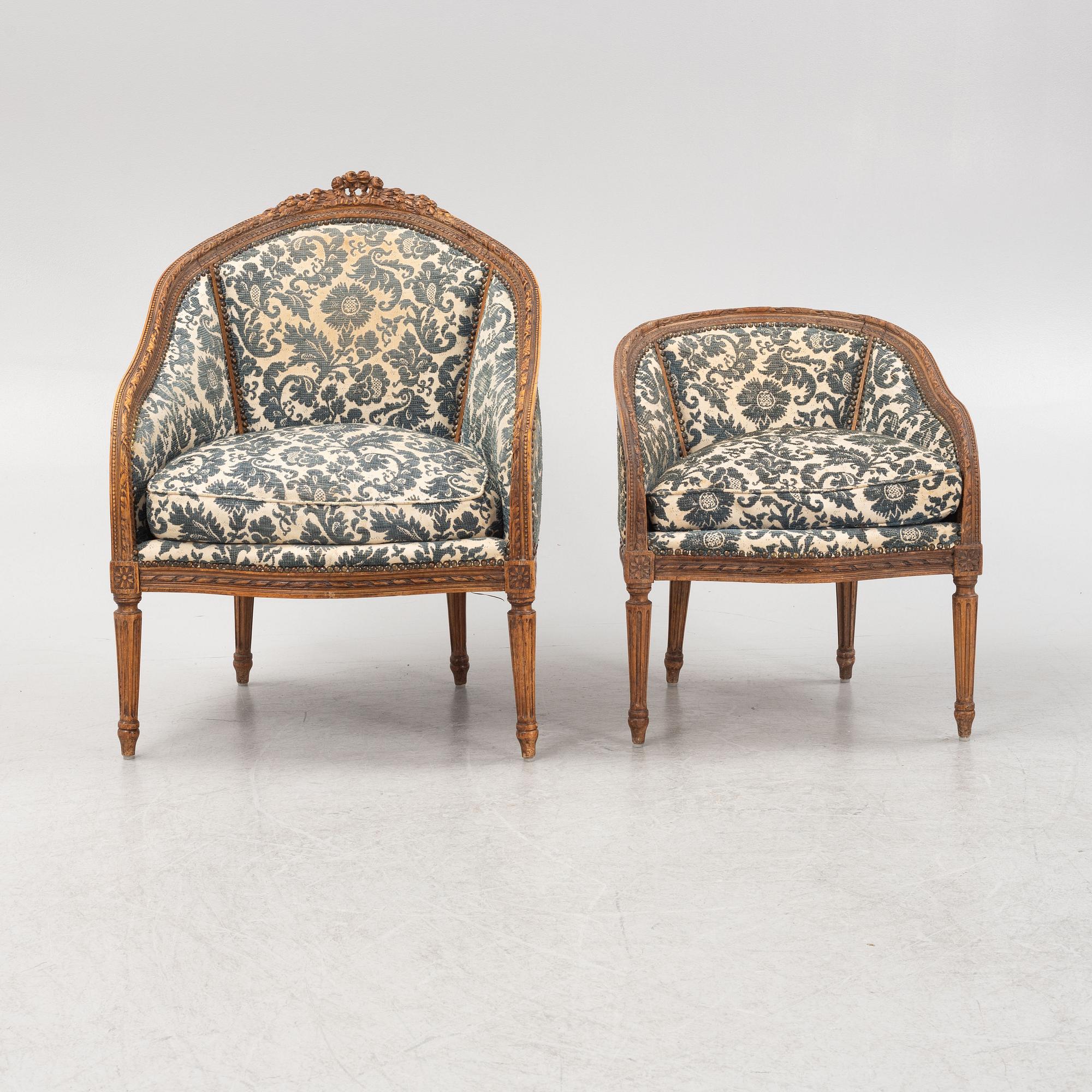 A pair of Louis XVI-style bergères, late 19th Century.