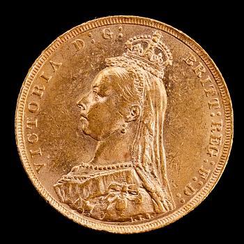 GULDMYNT, sovereign, Victoria, 1891. Vikt ca 8 g.