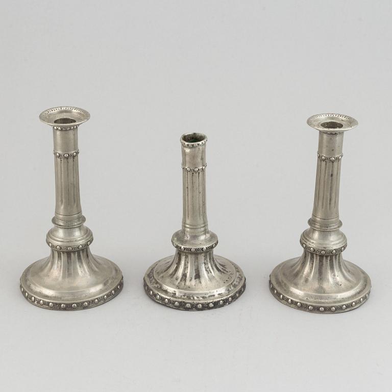 2+1 swedish pewter candlesticks, mark of Martin Gustaf Moberg, Jönköping 1791-93.