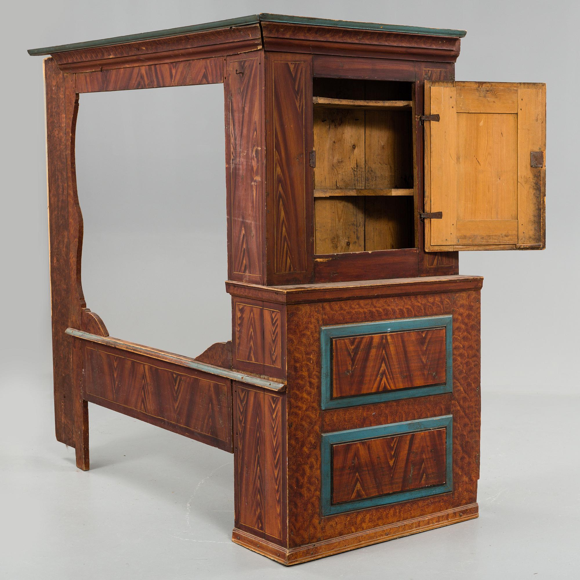 a early 19th century folk art bedcabinet from Dalarna Hälsingland marked B.E.J.S.H.K.P.D.