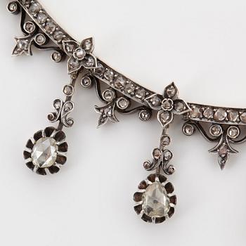 Collier 14K guld och silver med rosenslipade diamanter, 1800-tal.