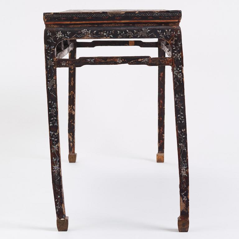 A  Chinese black lacquered altar table with mother of pearl inlay, 17th /18th Century.