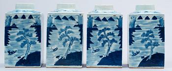 A set of four blue and white large tea caddies in a wooden box, Qing dynasty, circa 1900.