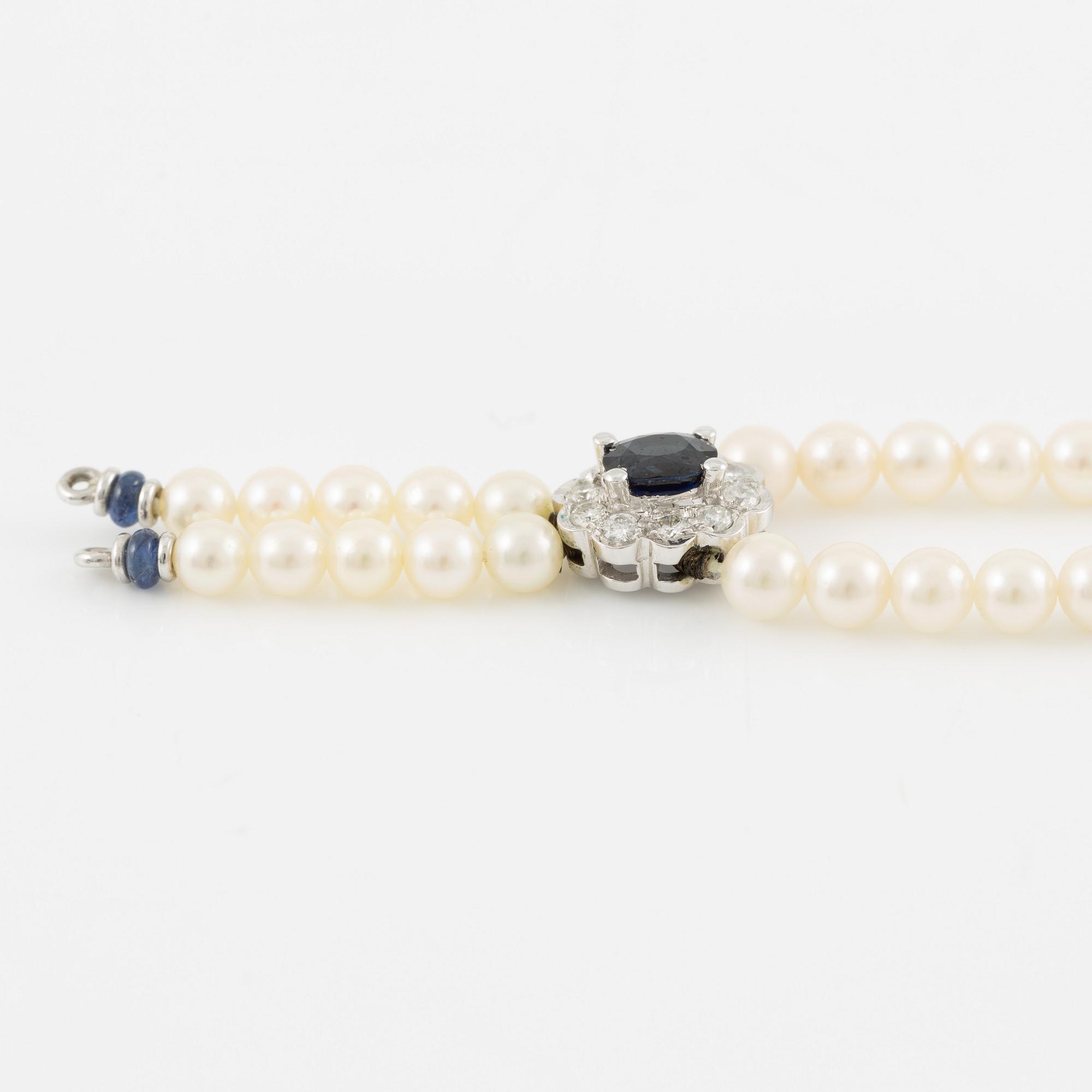Necklace, 18K white gold with cultured pearls, sapphires, and brilliant-cut diamonds.