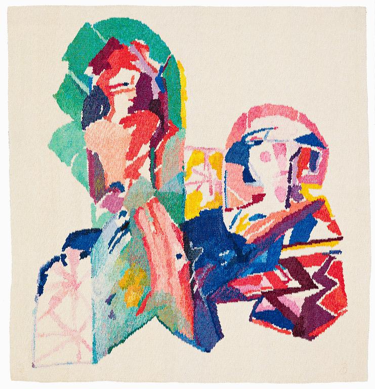 Åsa Bengtsson, VÄVD TAPET, "Möte i parken", slätväv, ca 159 x 152 cm, signerad HV MF ÅB.