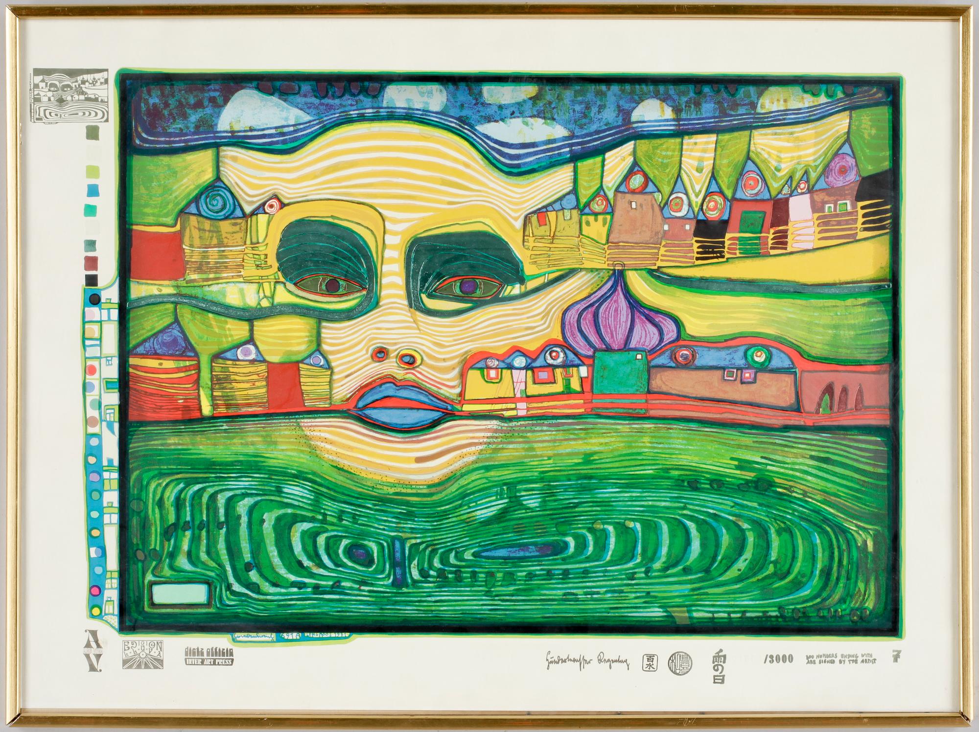 FRIEDENSREICH HUNDERTWASSER, färglitografi. Stämpelsign samt numr 1063/3000.