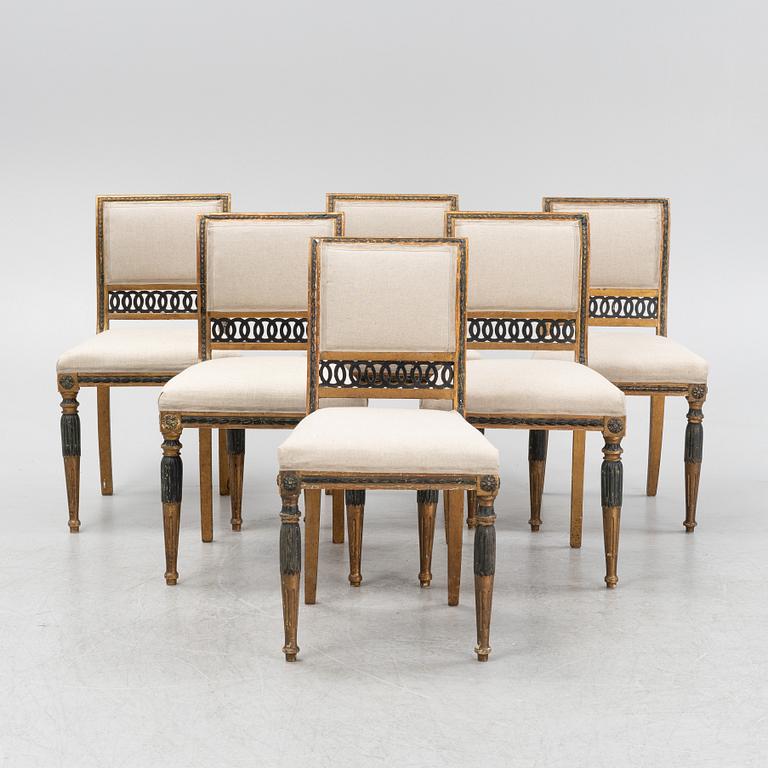 Six gilt late Gustavian style chairs, 19th Century.