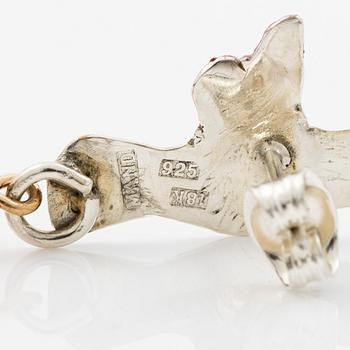 Earrings, silver, 18K gold and enamel in the form of a hummingbird with pink opal, Mandelstam.