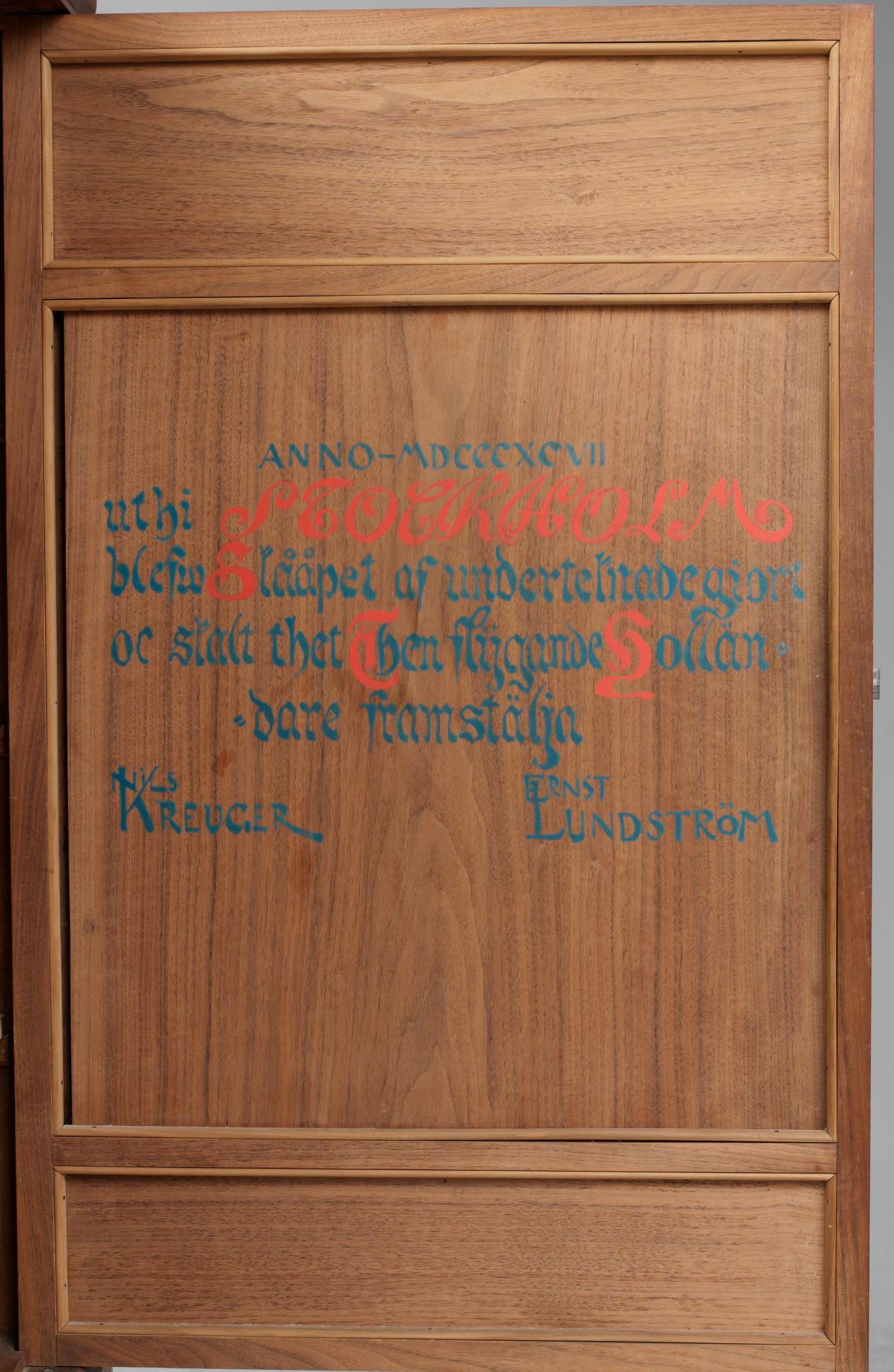 A Swedish Art Noveau cupboard by N. Kreuger and E. Lundström dated 1897.