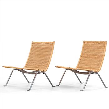 45. Poul Kjaerholm, a pair of 'PK-22' steel and rattan easy chairs by E Kold Christensen, Denmark.