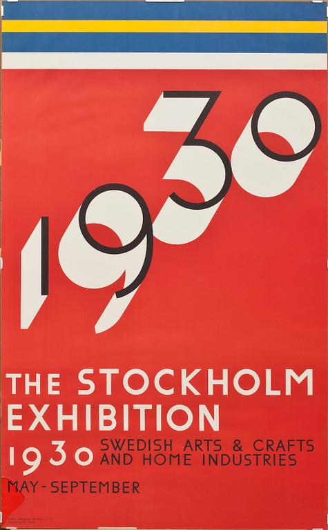 UTSTÄLLNINGSAFFISCH, "1930 The Stockholm Exhibition ..." av arkitekt Sigurd Lewerentz. Nytryck.