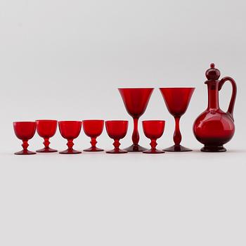 SERVISGLAS, 9 delar, rött glas, Monica Bratt, Reijmyre, 1900-talets mitt.