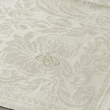 A tablecloth and napkins, 8 pcs., linen damask, "Strödda blommor", signed C.W. T:tORP, SVERIGE.