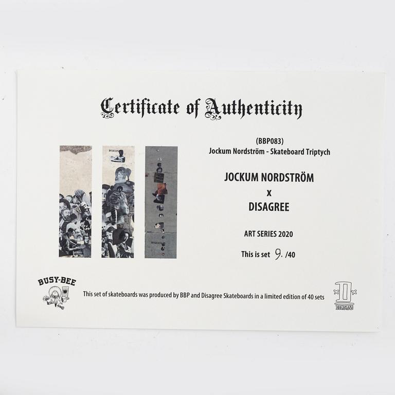 Jockum Nordström & Disagreee, skateboarddeck, 3 st, Disagree Skateboards, Sverige, 2000-tal.