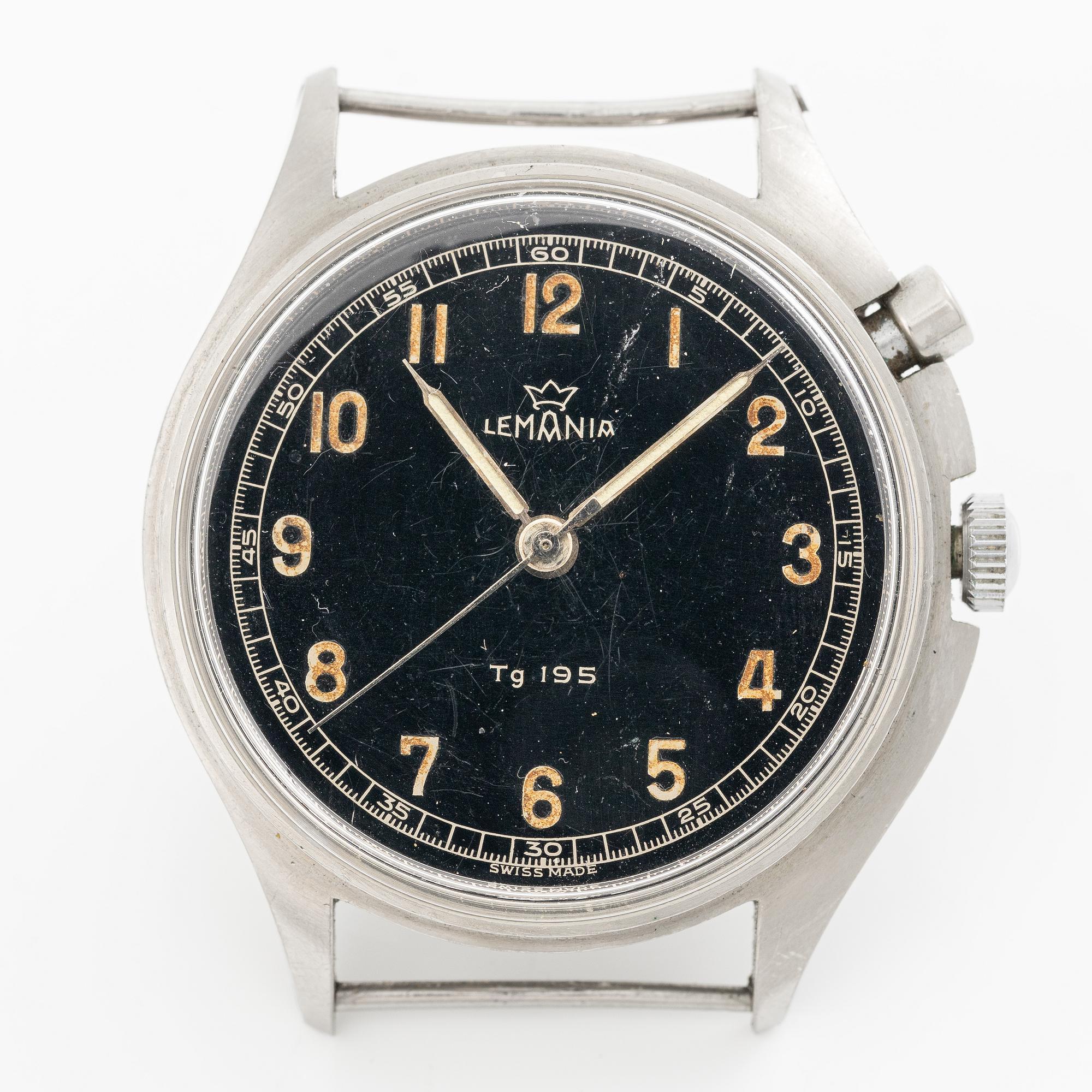 Lemania, Tg 195, "Three Crowns", chronograph, wristwatch, 40 mm.