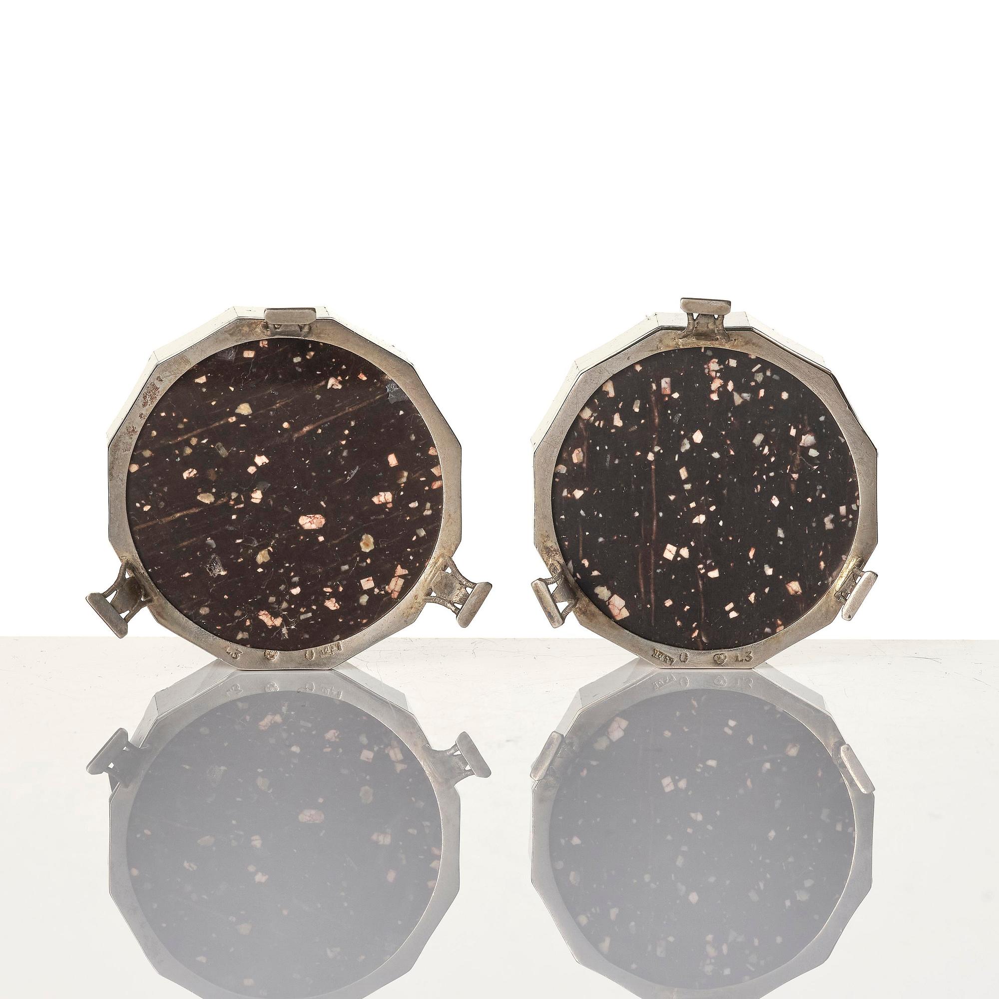 A pair of 'Lika-Risberg' porphyry Empire salts, Älvdalen, Sweden, early 19th century.