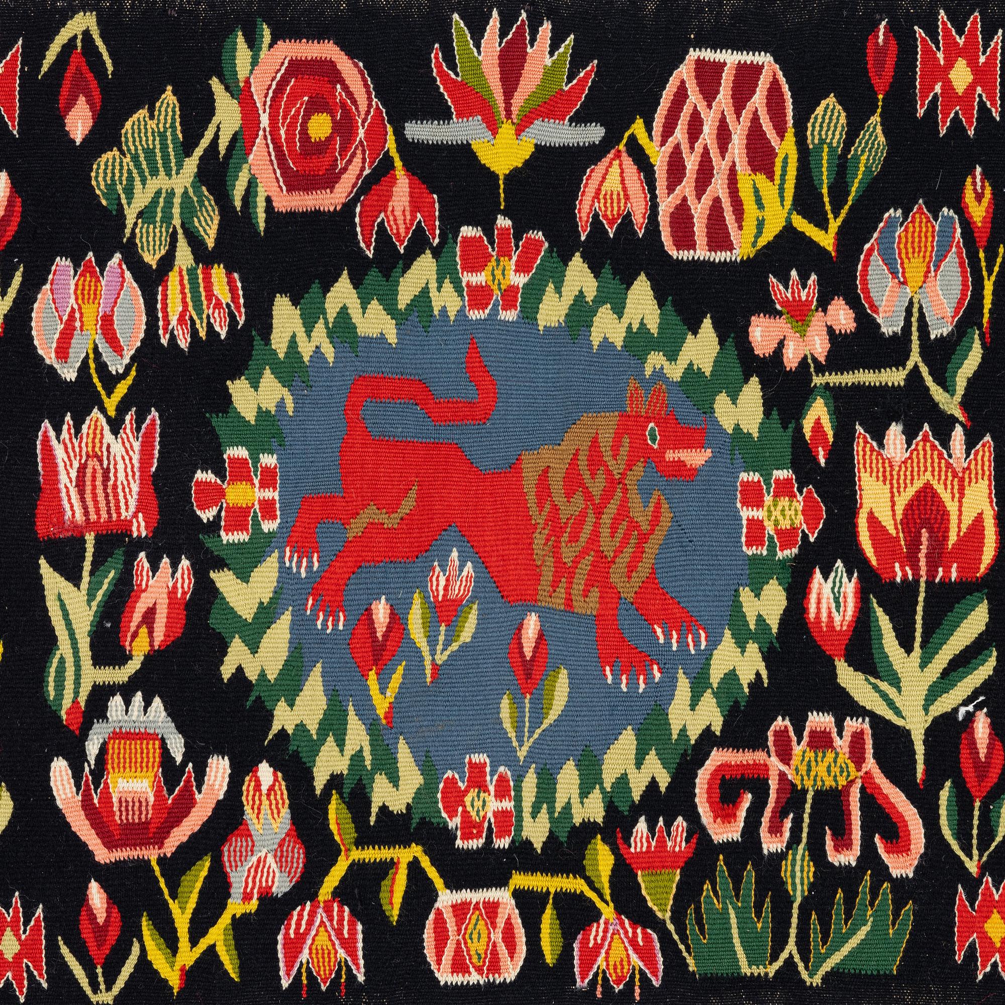 Åkdyna, "Rött Lejon", flamskväv, 140 x 50 cm, sydvästra Skåne, tidigt 1900-tal.