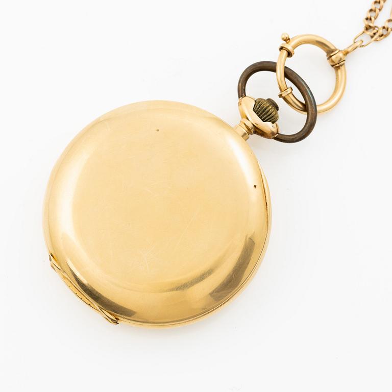 Pocket watch, hunter, 18K gold, chain 18K gold, 55 mm.