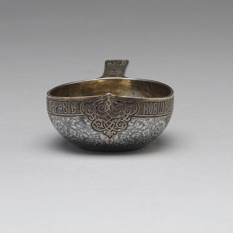 A Russian 19th century silver-gilt and niello kovsh, mark of Wasilij Semenow, possibly, Moscow 1872.