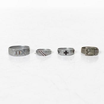 An aluminium bucket, a wooden case, four rings and two miniature knives, Finland and Russia, early 1900s.