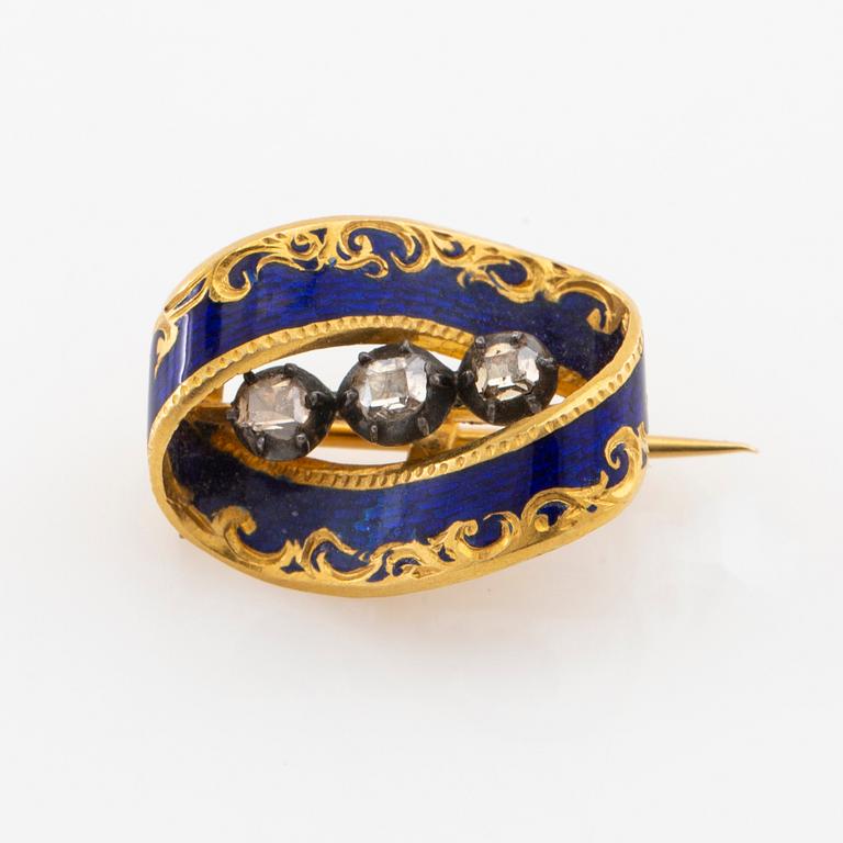 Brooch 18K gold with blue enamel and old-cut diamonds, 19th century.