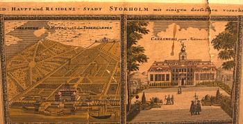 Johann Baptist Homann, prospekt över kungliga slottet i Stockholm m m, Nürnberg 1730.