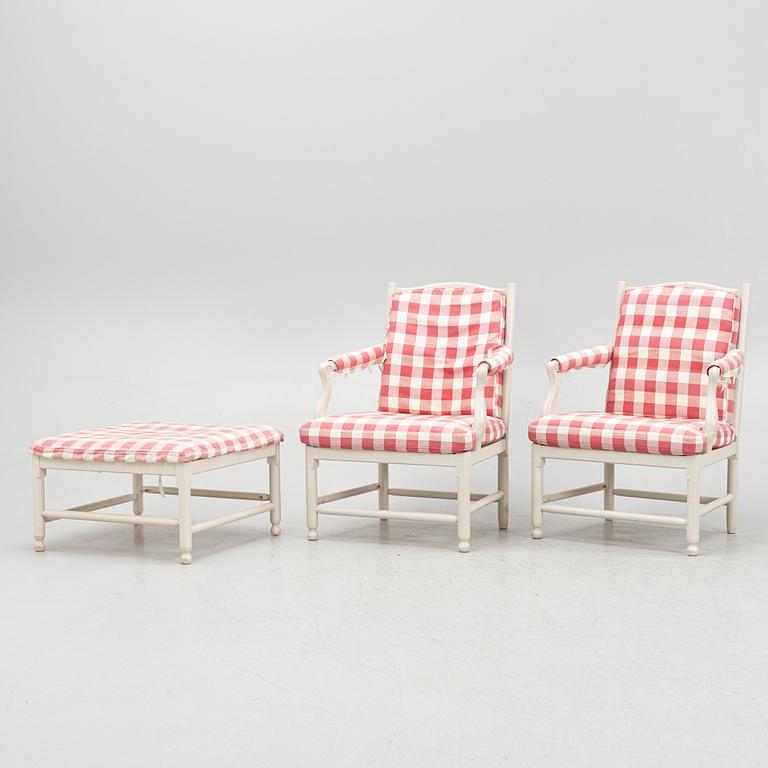 Armchairs, a pair and a footstool,  Gripsholm armchairs, "Medevi Brunn", from IKEA's 18th-century series, 1990s.