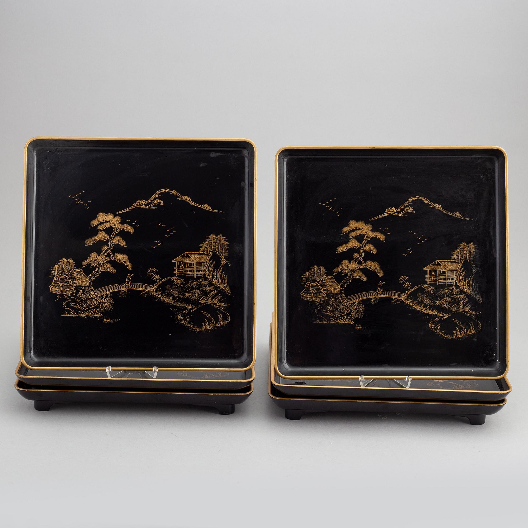 Brickor, sex stycken, lackarbeten, Japan, 1900-tal.