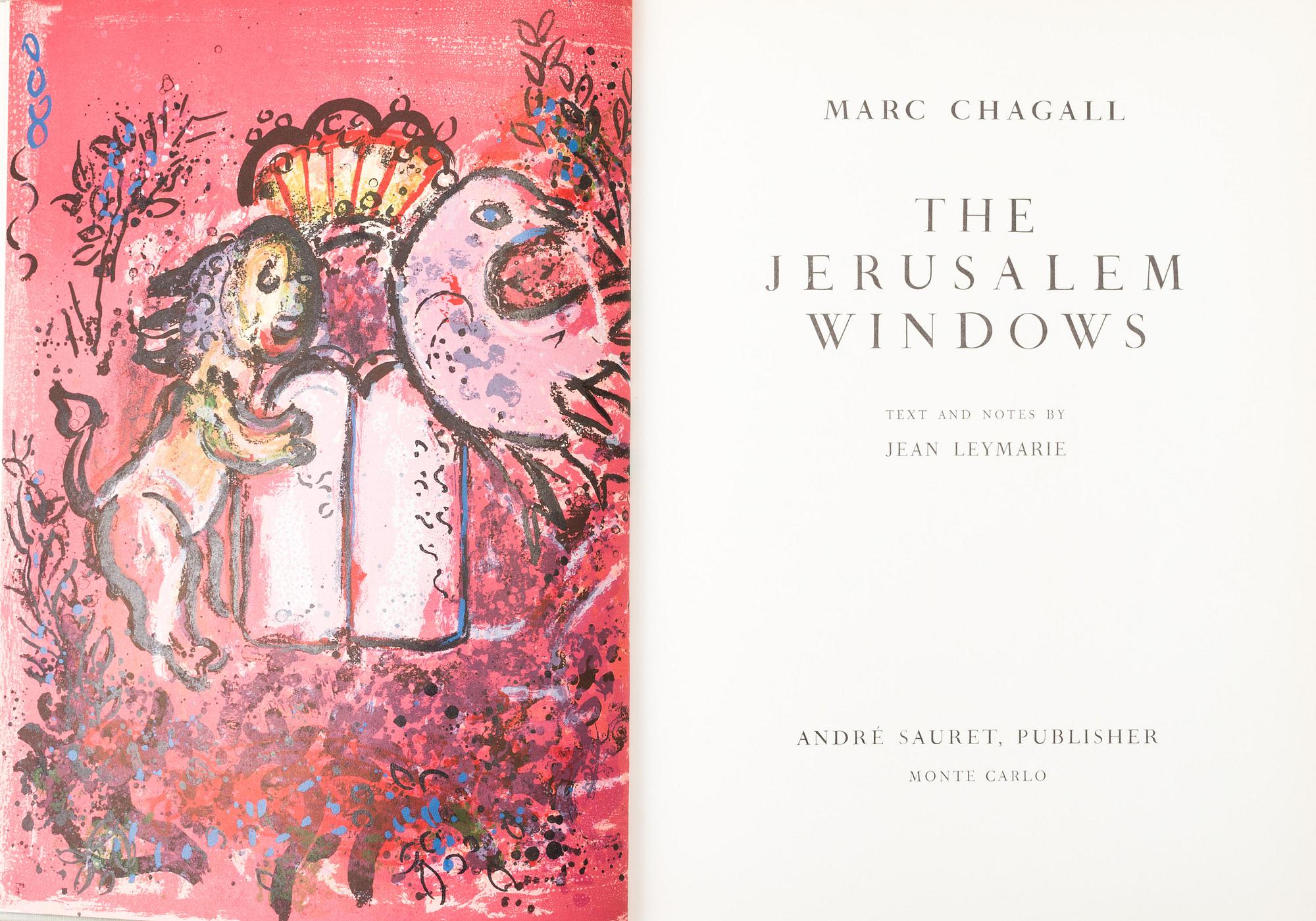 A Marc Chagall book "The Jerusalem Windows" with two   lithografs in colour, Andre Sauret, Monaco 1962.