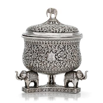 A 19th-century lidded tripod silver bowl, India.