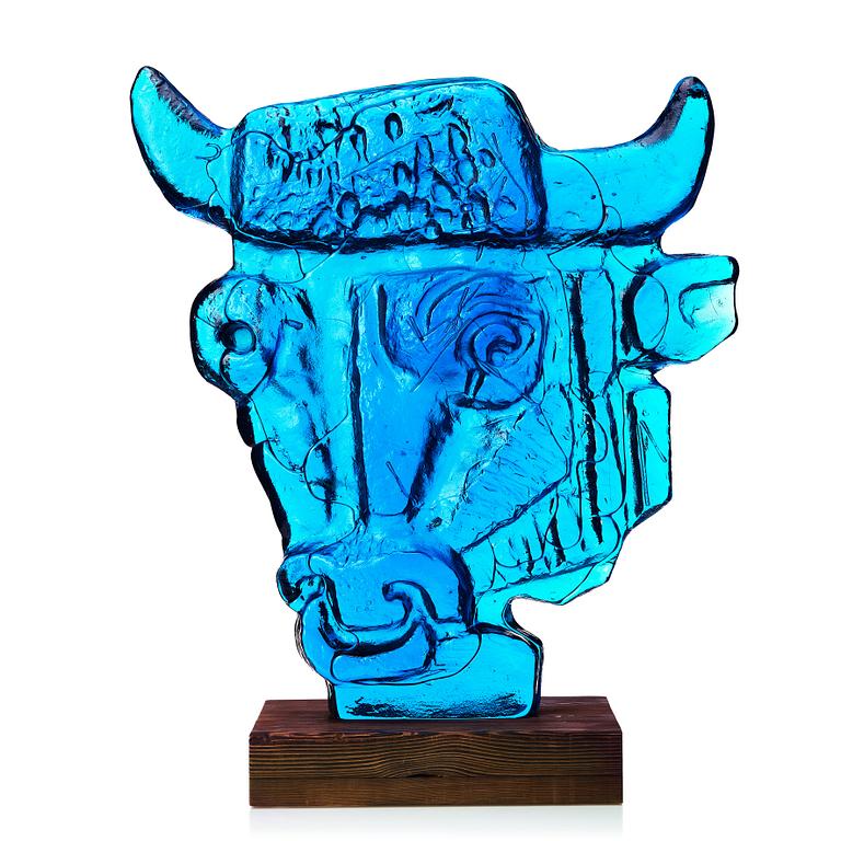 Edvin Öhrström, a blue/ turquoise coloured cast glass sculpture of a bull's head, Lindshammar glassworks, Sweden, signed and dated 1953.