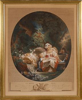 GRAVYRER, 2 st, efter Fragonard, 1800-tal.