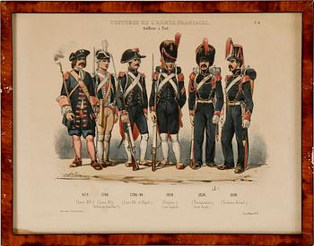 LITOGRAFISKA UNIFORMPLANSCHER, 8 st, Costumes de l'armée Française, 1800-talets slut.