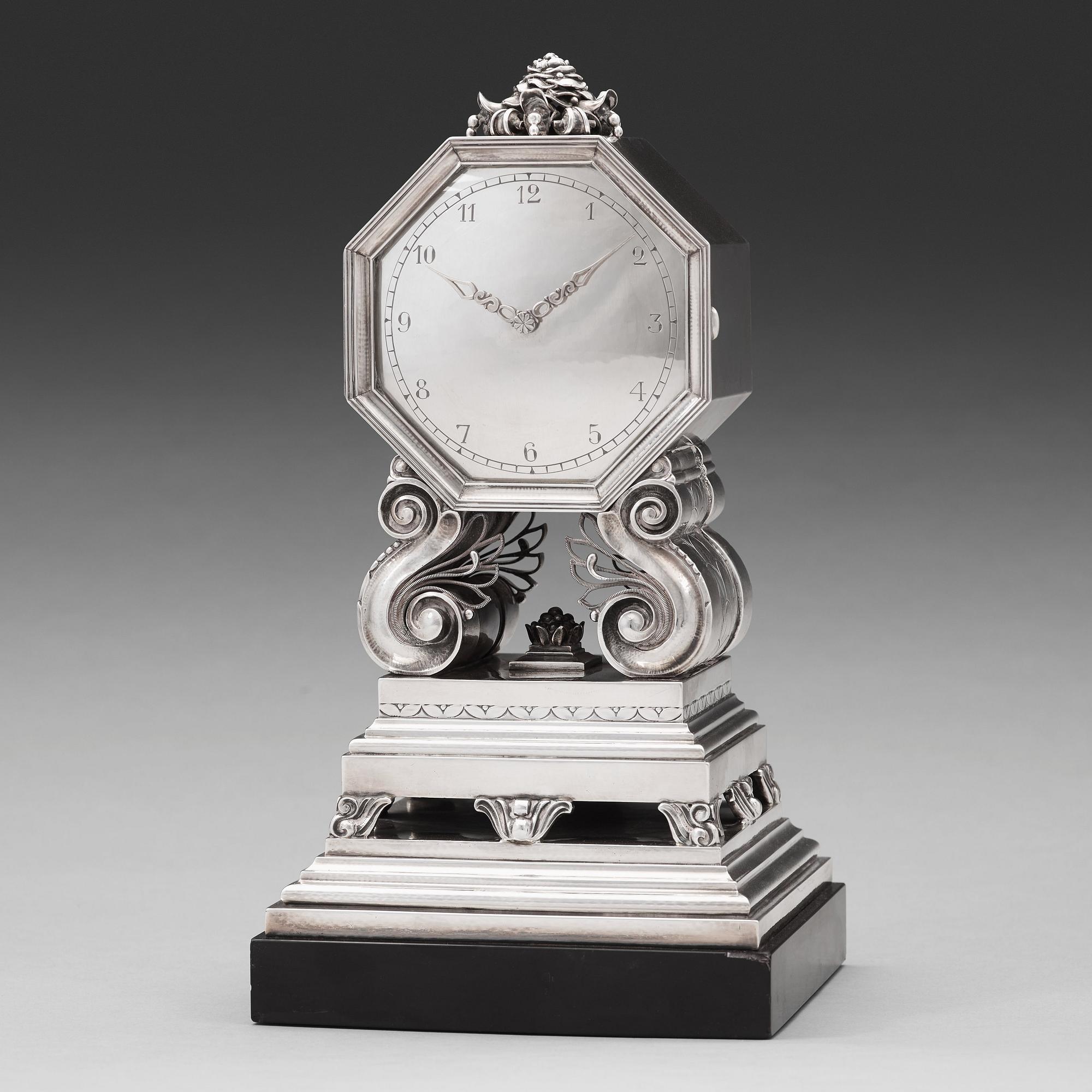 Johan Rohde, A Johan Rohde sterling silver mantel clock by Georg Jensen, Copenhagen 1925-33, model 333.