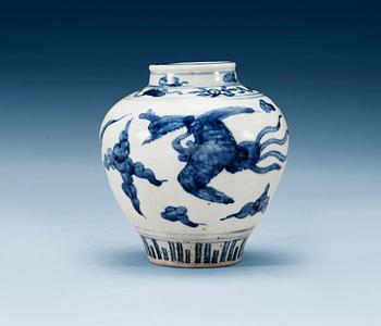 A blue and white jar with flying phoenix birds among clouds, Ming dynasty, 16th century.