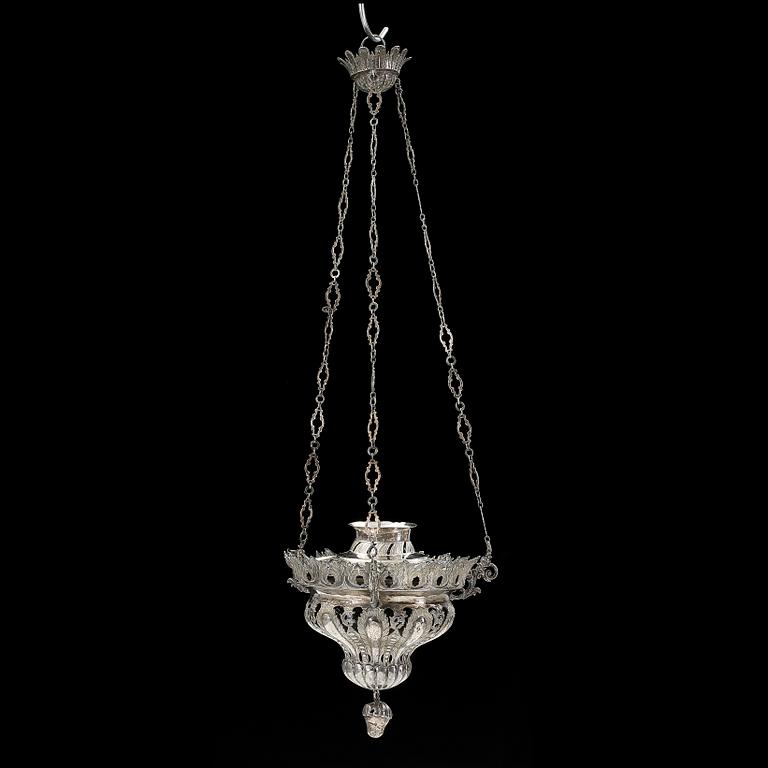 AMPEL för TABERNAKEL, rokokostil pläter samt vitmetall, 1800-tal. tot silver vikt 182 gram.