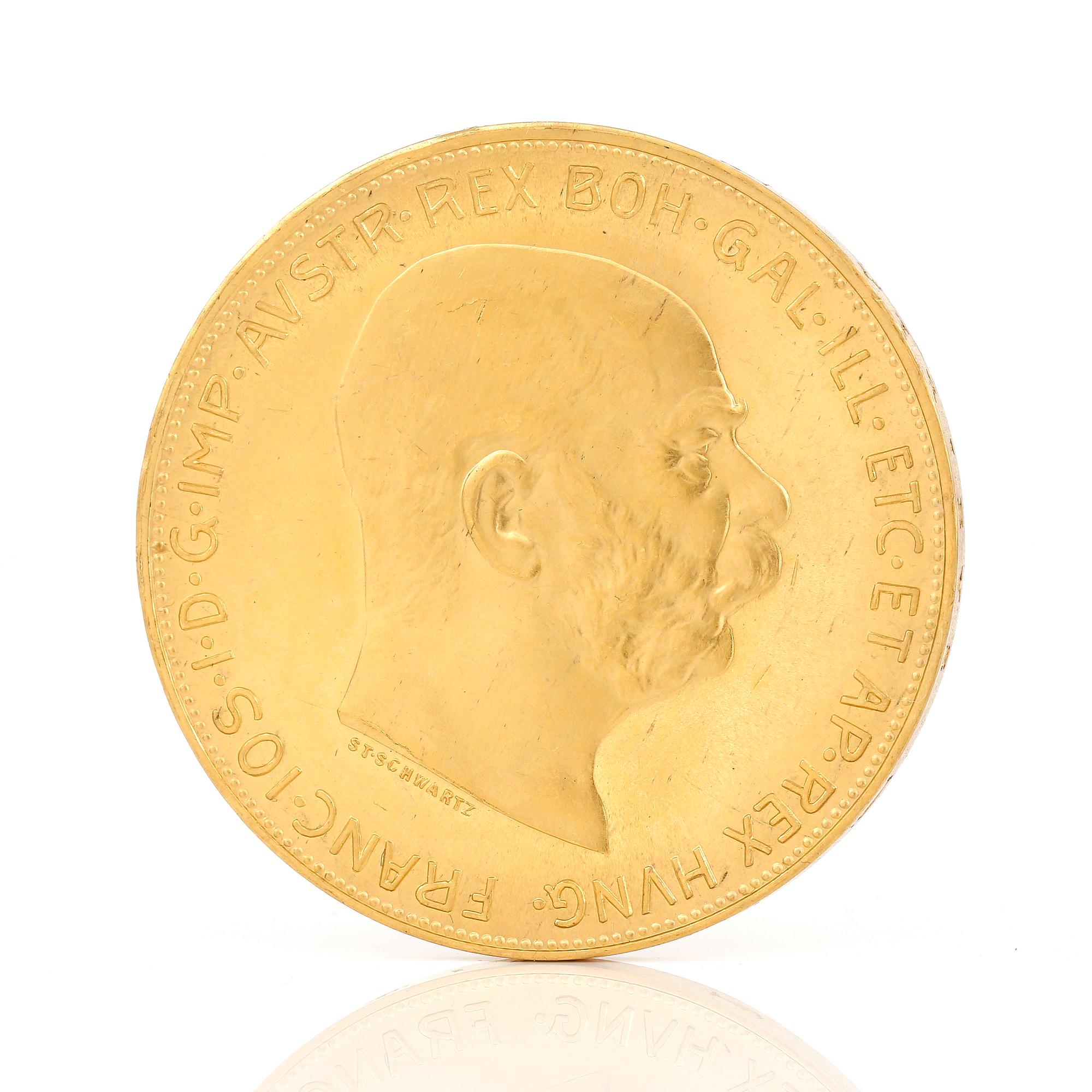 GULDMYNT, 100 Corona, Kejsarriket Österrike-Ungern, 1915. Vikt ca 33 gram.