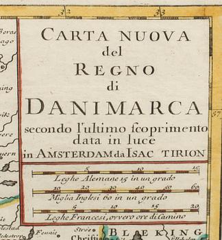 MAP, COPPER ENGRAVING, "Carta Nuova del Regno di Danimarca" by Isaac Tirion . DENMARK, ca 1750.