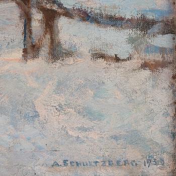 Anshelm Schultzberg, "Vinterdag (motiv från södra Dalarne - Bergslagen)" [Winter landscape from Dalarna in Sweden].