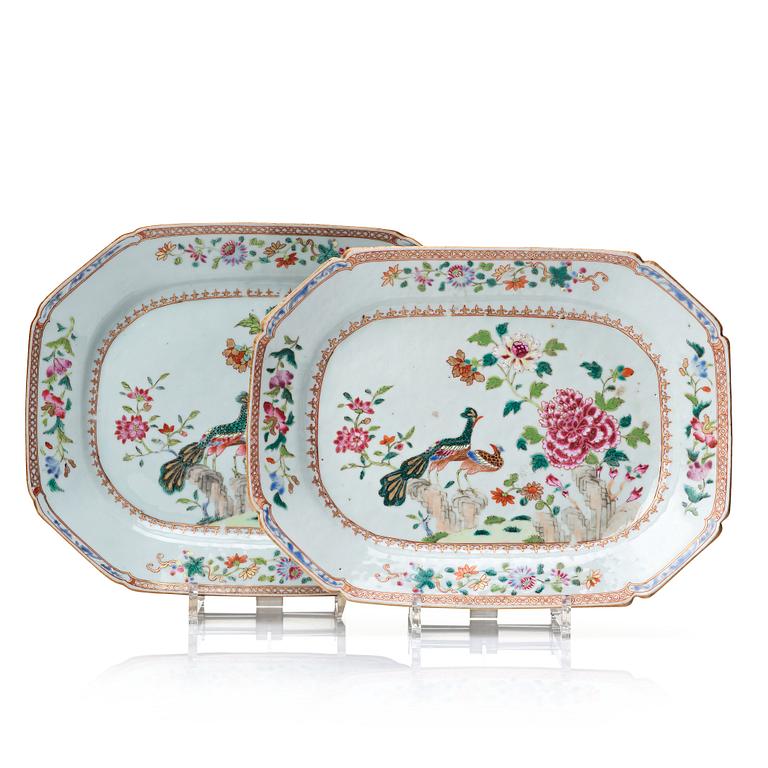 Two famille rose 'double peacock' dishes, Qing dynasty, Qianlong (1736-95).