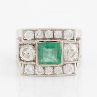 Ring, Hellström & Åhrling. 18K white gold with an emerald and old-cut and brilliant-cut diamonds.