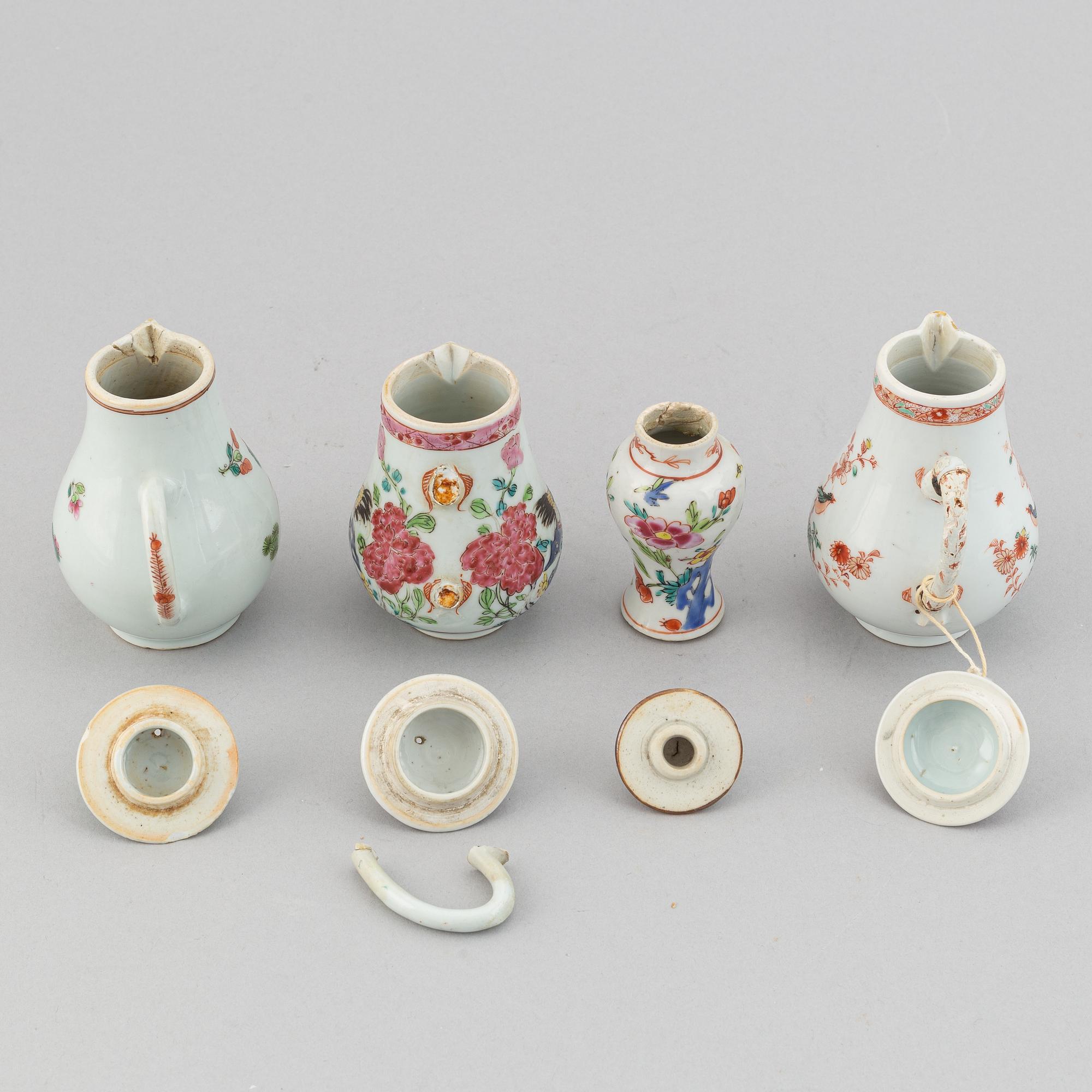 Three famille rose jugs with covers and a vase, Qing dynasty, Qianlong (1736-95).