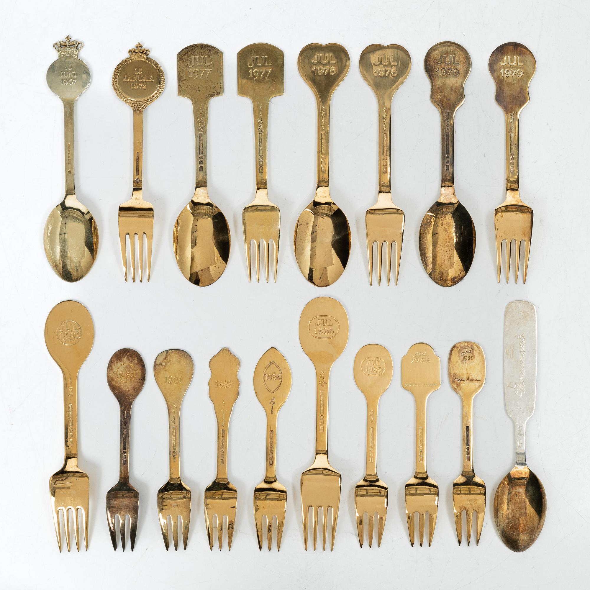 Anton Michelsen, Annual flatware set, 24 pieces, gilt sterling silver and enamel, 1970s/80s.