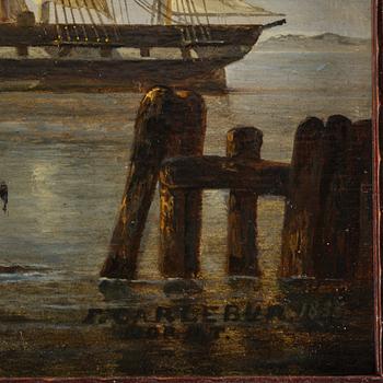 François Carlebur, Fishing boats on the shore and a frigate at anchor.