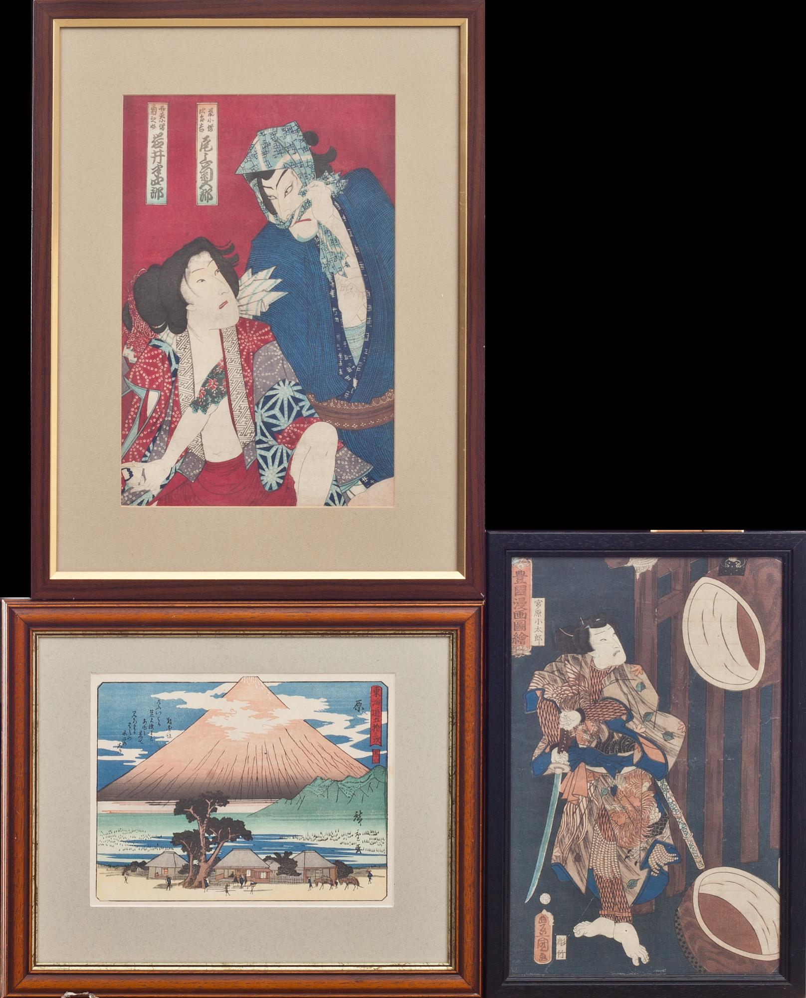TRÄSNITT, 3 st, Japan, Kunisada och Hiroshige 1800-talets andra hälft.