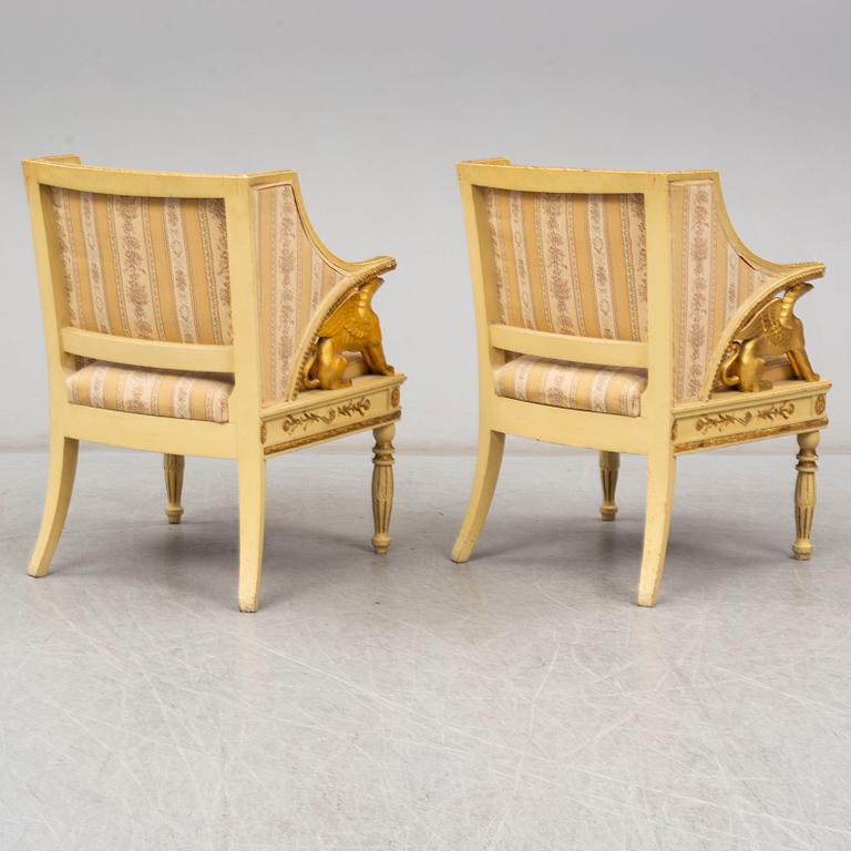 A pair of late Gustavian style armchairs, circa 1900.