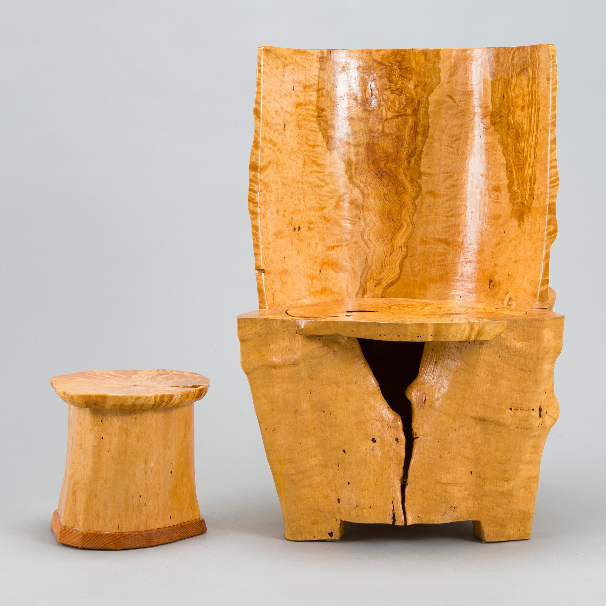 Mauri Haapiainen, a late 20th century masur birch chair and stool.