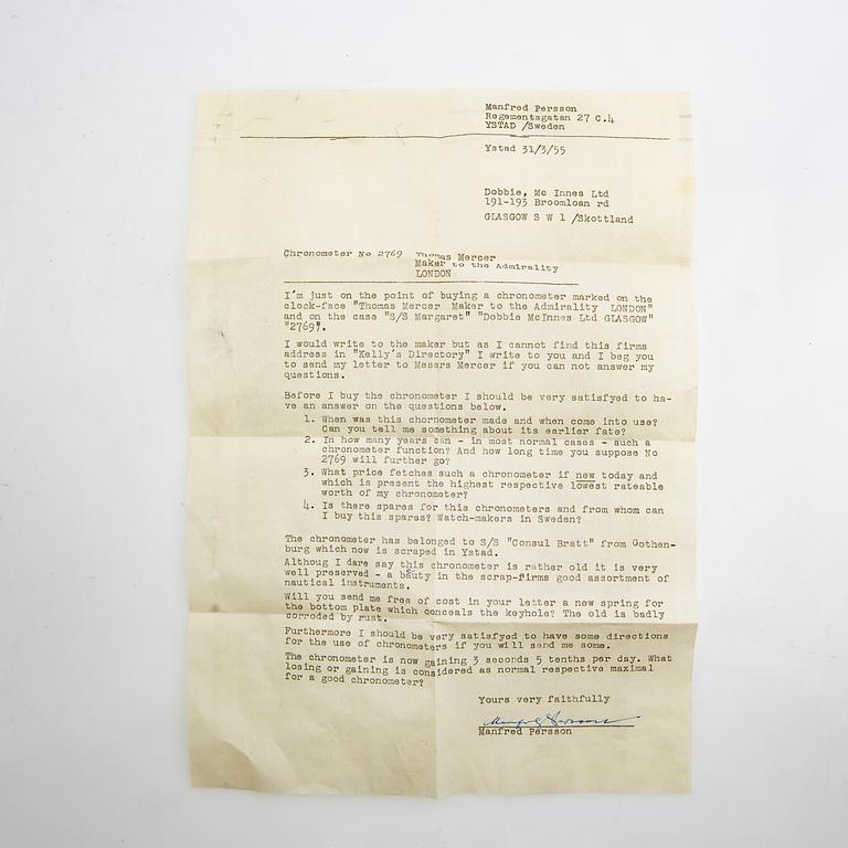 Thomas Mercer, skeppskronometer, no. 2769, 1800-talets senare del.