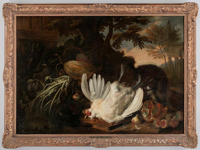 Adriaen de Gryeff, Still life with hen, vegetables and dog.